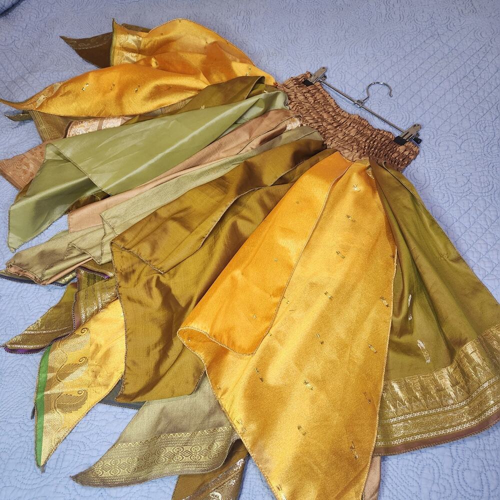 Silk Sari Festival Skirt Gold Tone Autumn Boho Wrap One Size